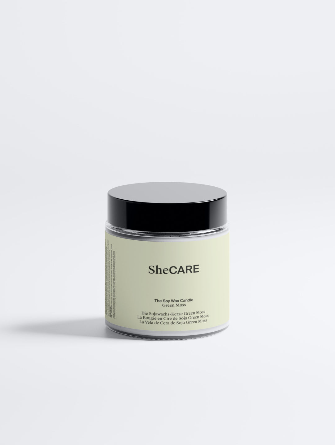 Soy Wax Candle Green Moss – Handgegossene Sojawachskerze mit natürlichem Moos- und Holzduft im Glasgefäß.